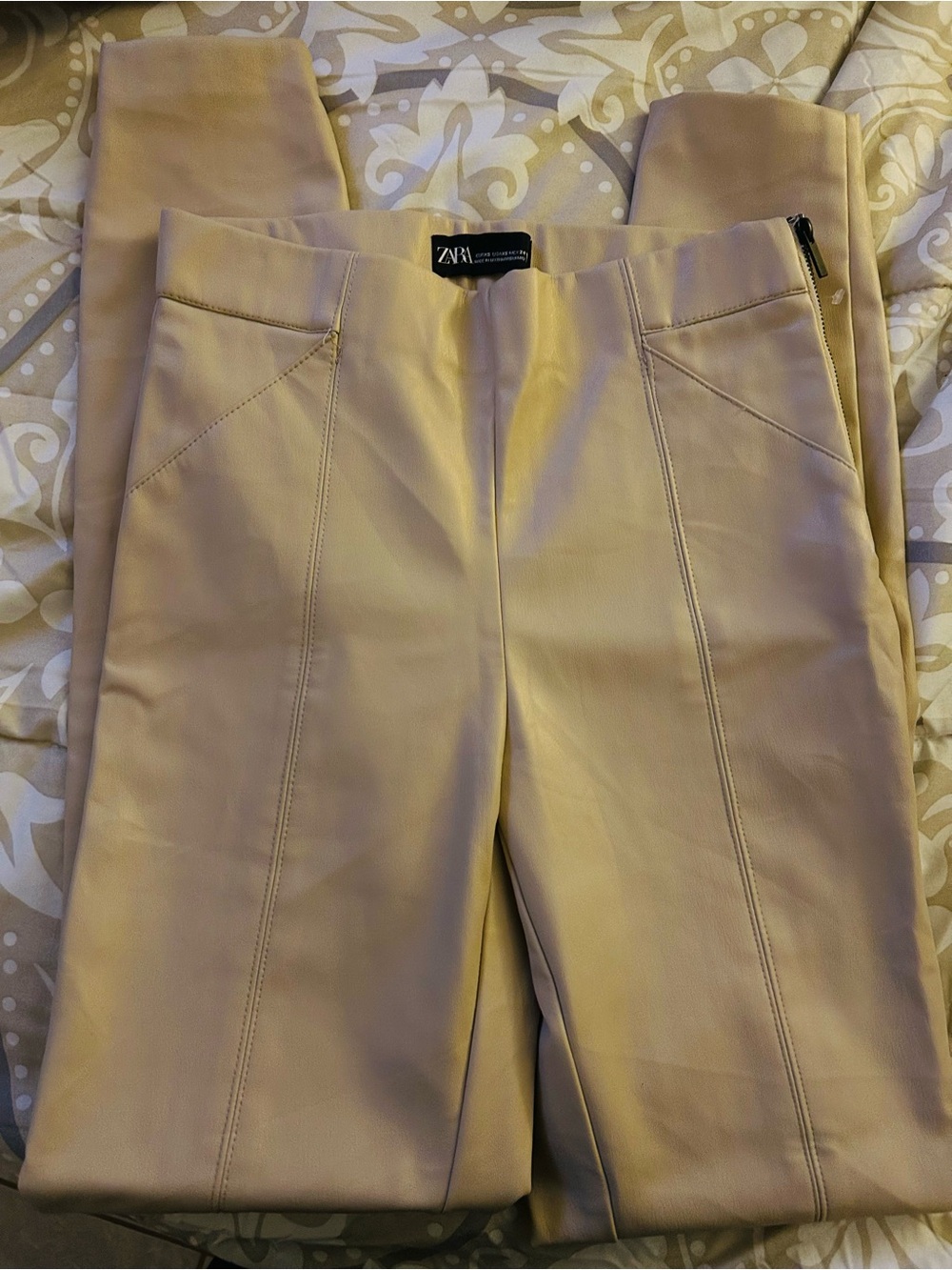 Zara Sculpted High-Rise faux leather pants in Beige
